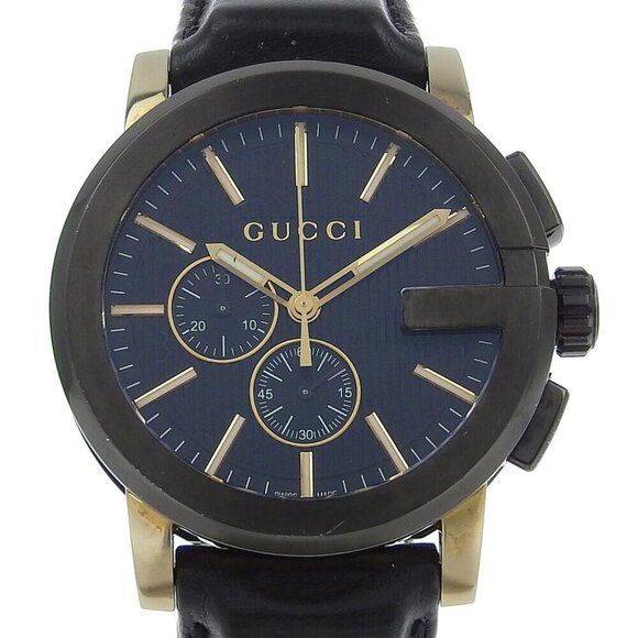 GUCCI G Chrono Watches 101.2 blackDial Stainless Steel/Embossed Leather Qu... - Picture 1 of 8